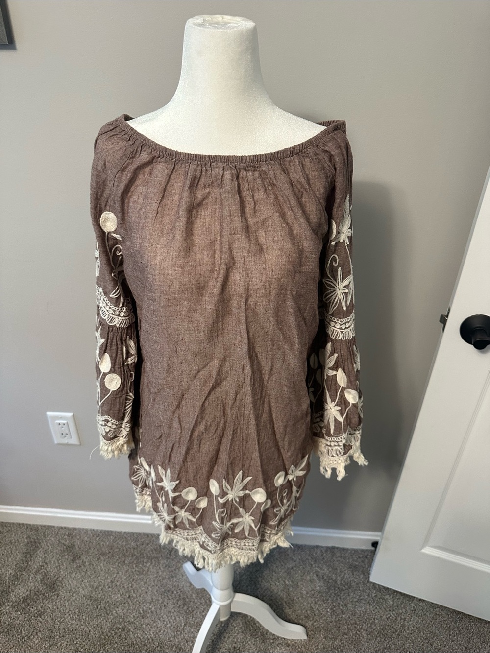 indigo soul Brown Embroidered Boho Peasant Top
